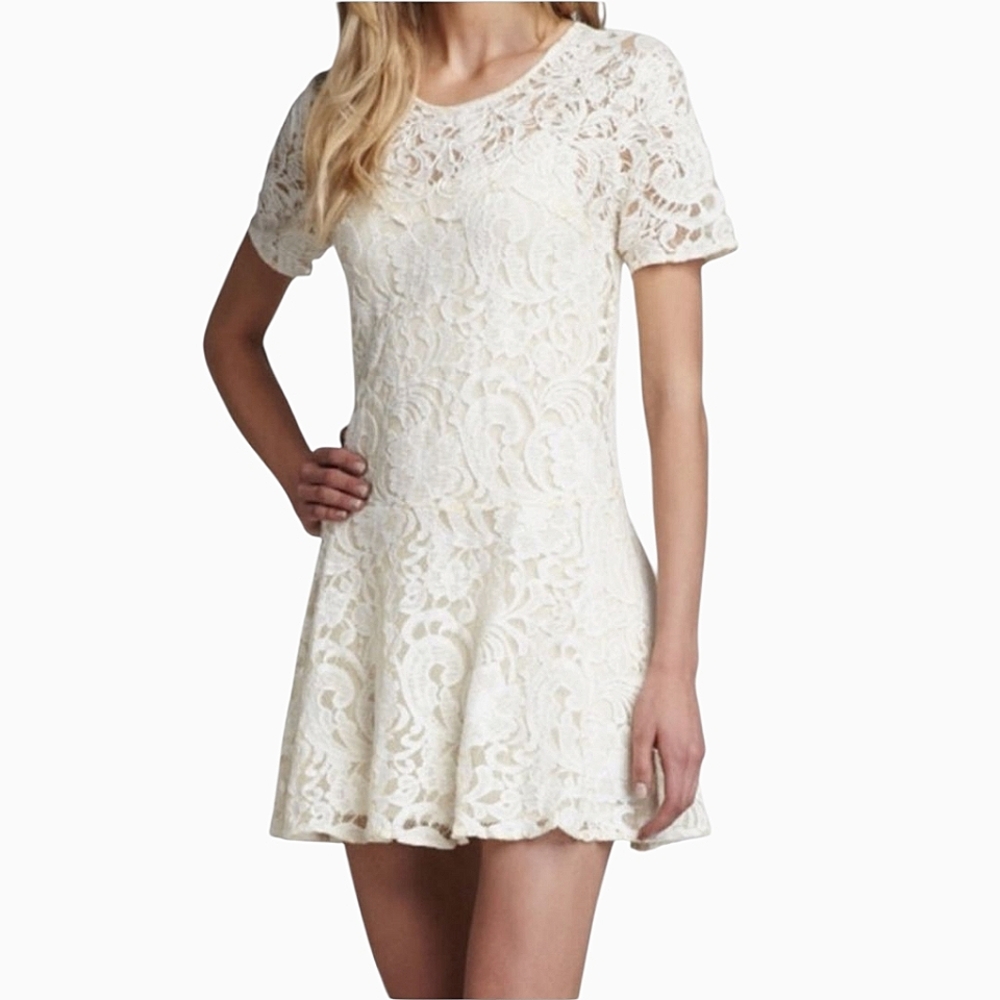 Free People Creme Embroidered /Gray Accent Lace Shortsleeve Swim Boho Cover Up